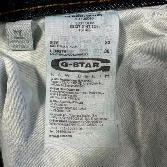 G Star Raw 3301 Jeans Mens Sz 32 x32 Blue Low Rise Button Fly Streetwear